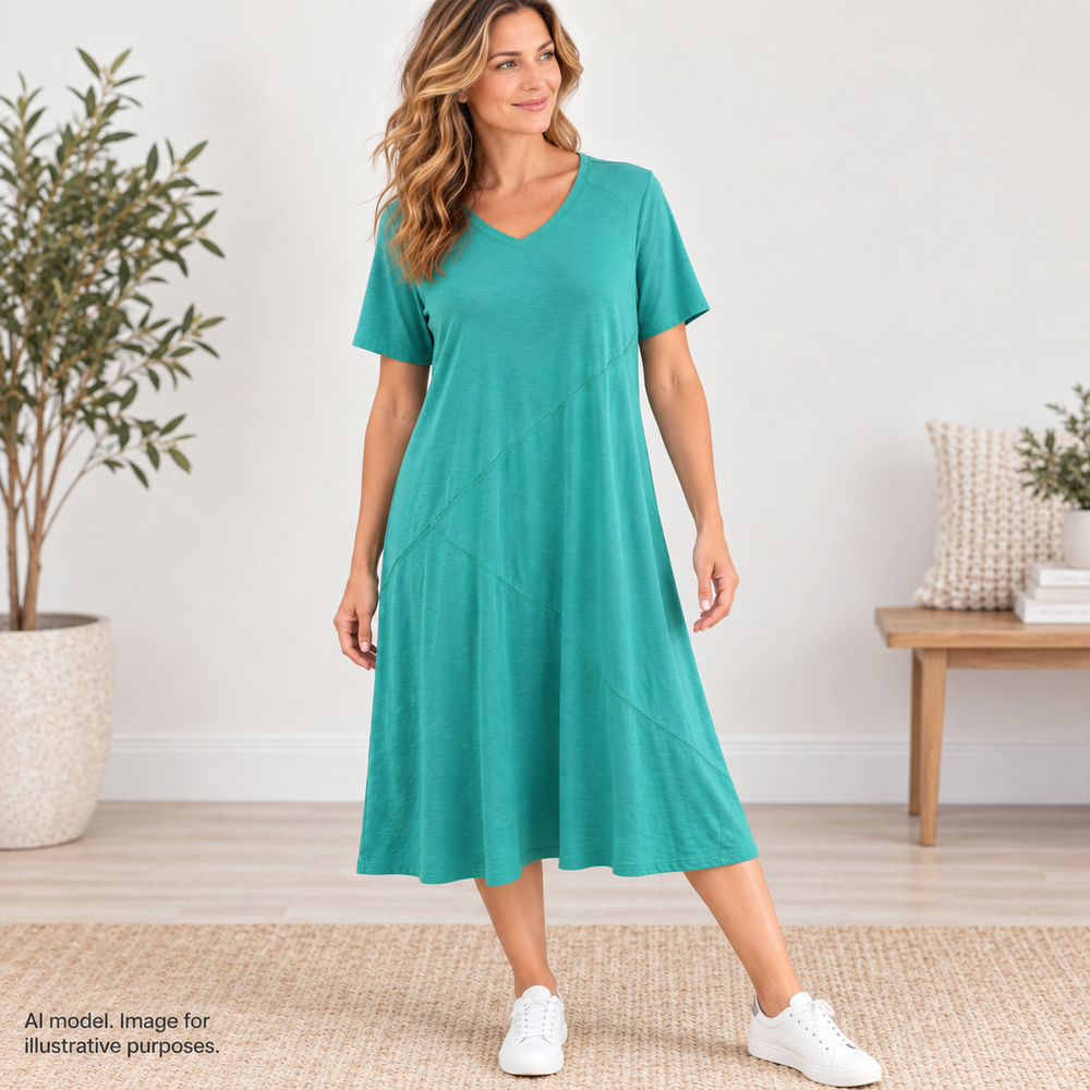 Chico's Dress Womens Large 2 Teal V-Neck Short Sleeve A-Line Cotton Stretch Knit